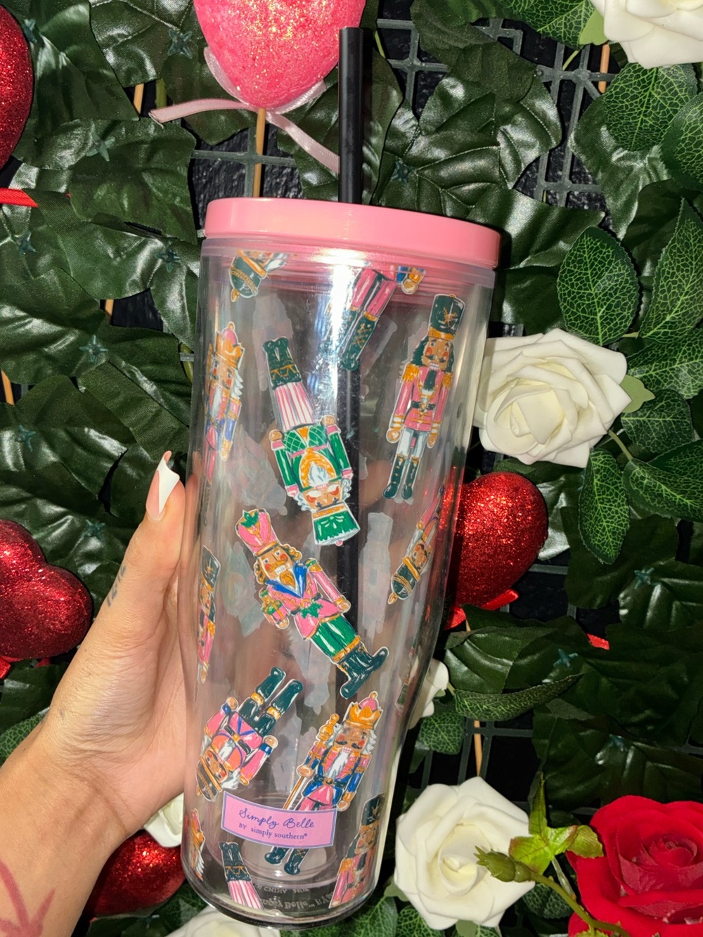 Simply Belle Pink Lid Nutcracker Print Travel Tumbler with Straw 24oz brand new